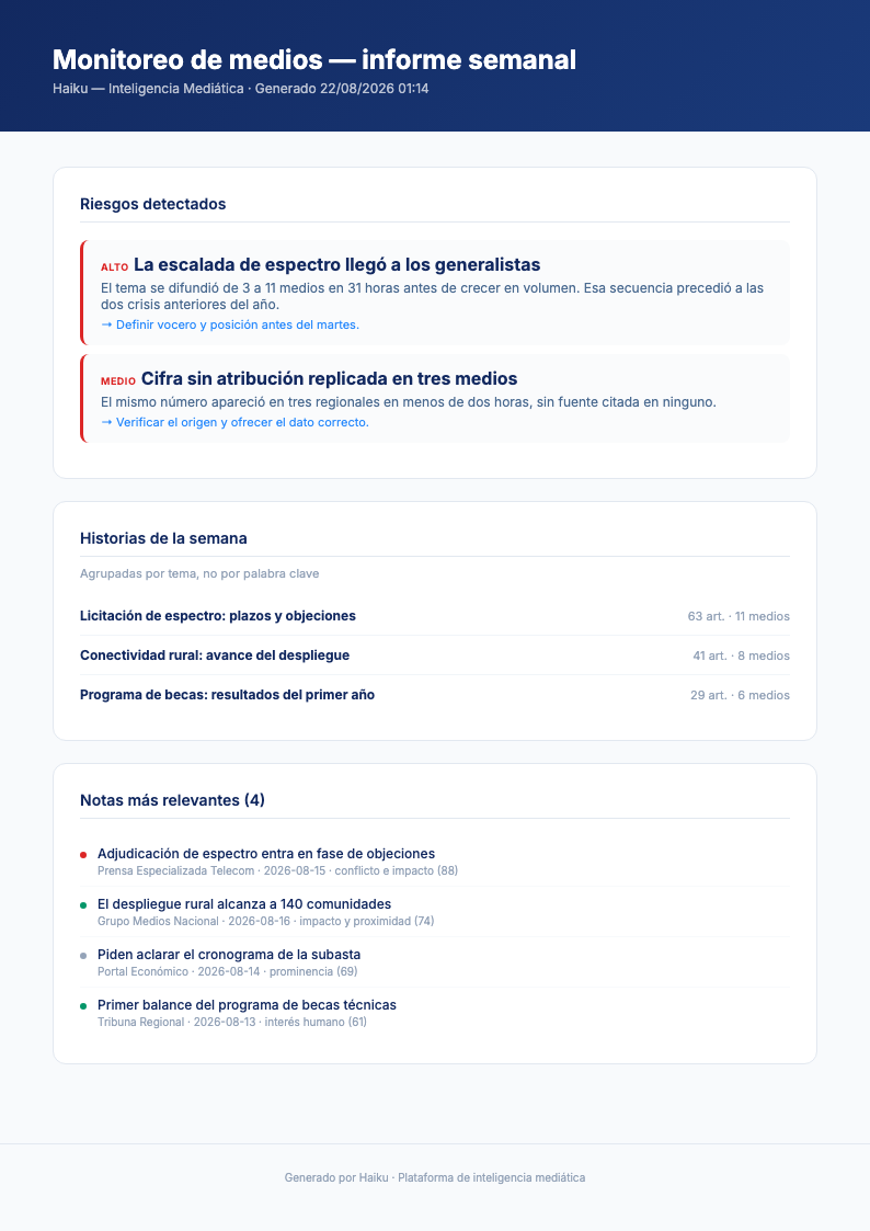 Página 3: riesgos detectados con acción recomendada, historias agrupadas de la semana y las notas más relevantes.